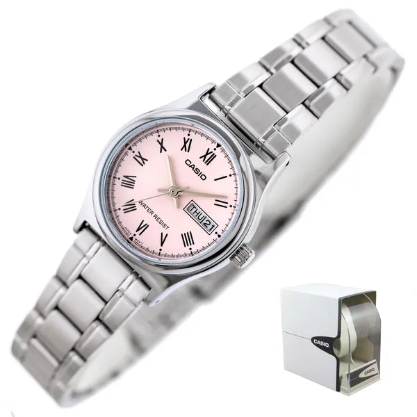 Casio LTP-V006D-4B női karóra, acél szíj, rózsaszín számlap, dátum, WR30, 25 mm