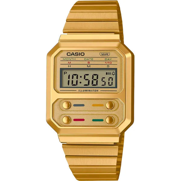 Casio A100WEG-9AEF női digitális karóra, arany, rozsdamentes acél, WR30, LED