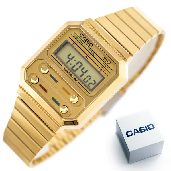Casio A100WEG-9AEF női digitális karóra, arany, rozsdamentes acél, WR30, LED