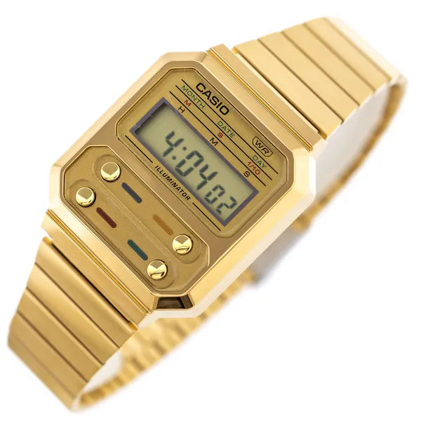 Casio A100WEG-9AEF női digitális karóra, arany, rozsdamentes acél, WR30, LED