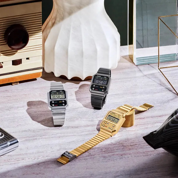 Casio A100WEG-9AEF női digitális karóra, arany, rozsdamentes acél, WR30, LED