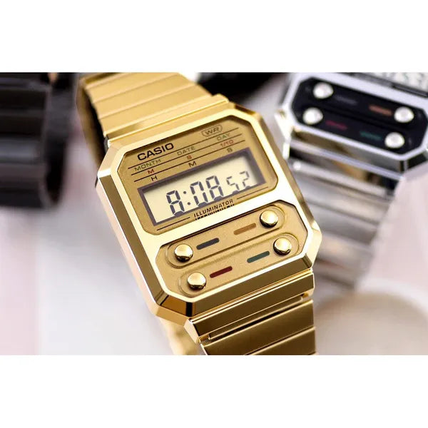 Casio A100WEG-9AEF női digitális karóra, arany, rozsdamentes acél, WR30, LED