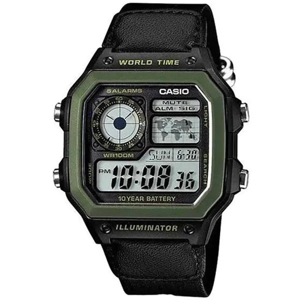 Casio AE-1200WHB-1B férfi digitális sportóra, WR100, világidő, fekete/zöld