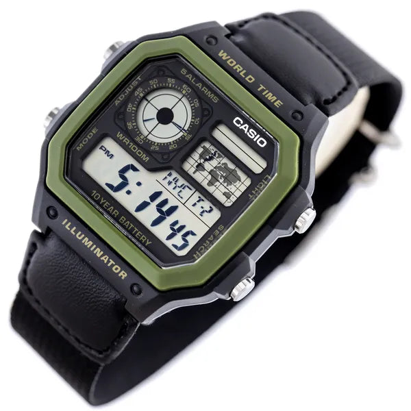 Casio AE-1200WHB-1B férfi digitális sportóra, WR100, világidő, fekete/zöld