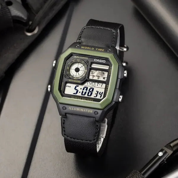 Casio AE-1200WHB-1B férfi digitális sportóra, WR100, világidő, fekete/zöld
