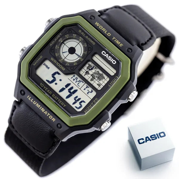 Casio AE-1200WHB-1B férfi digitális sportóra, WR100, világidő, fekete/zöld
