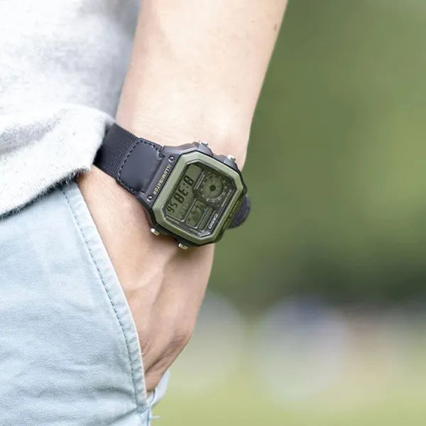 Casio AE-1200WHB-1B férfi digitális sportóra, WR100, világidő, fekete/zöld