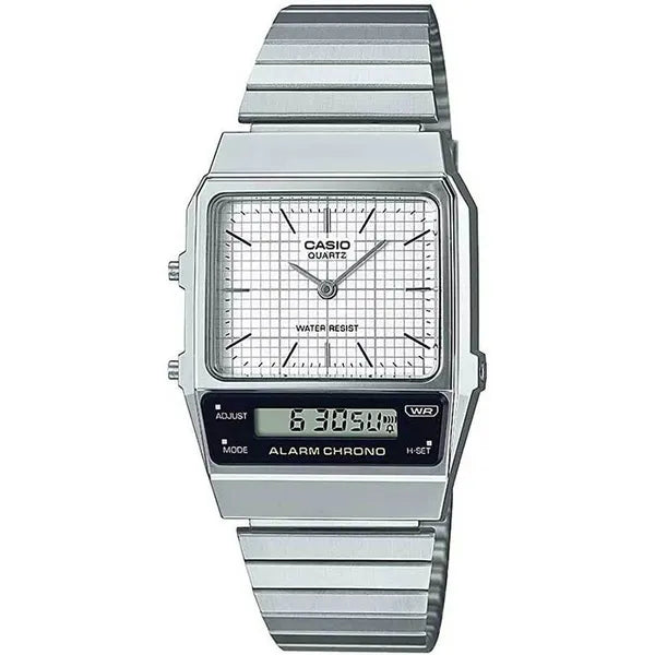 Casio Vintage AQ-800E-7A unisex óra, ezüst, acél szíj, két időzóna, WR30