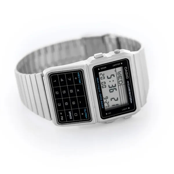 Casio Vintage Databank DBC-611-1D férfi karóra, ezüst acélszíj, kalkulátor, WR30