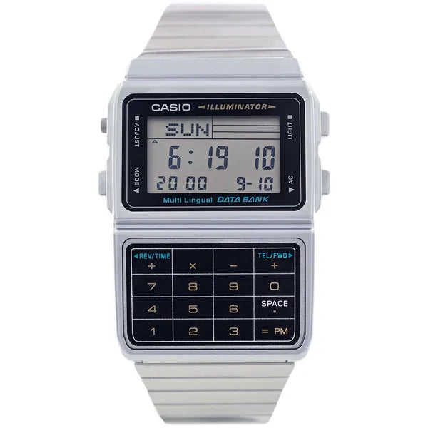 Casio Vintage Databank DBC-611-1D férfi karóra, ezüst acélszíj, kalkulátor, WR30