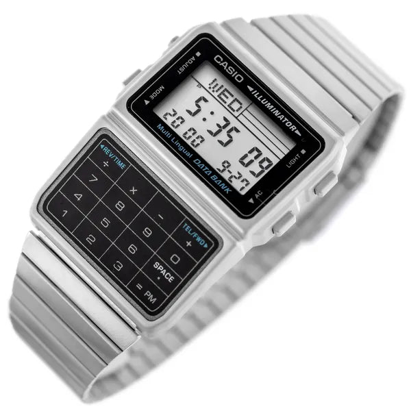 Casio Vintage Databank DBC-611-1D férfi karóra, ezüst acélszíj, kalkulátor, WR30