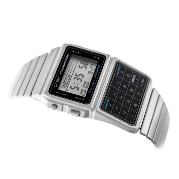 Casio Vintage Databank DBC-611-1D férfi karóra, ezüst acélszíj, kalkulátor, WR30