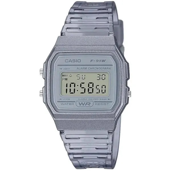 Casio F-91WS-8DF uniszex digitális karóra, átlátszó szürke, WR30