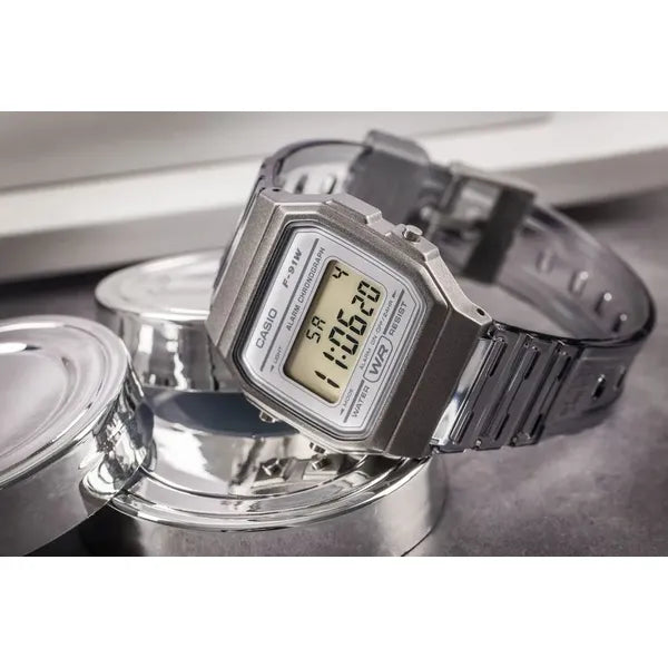 Casio F-91WS-8DF uniszex digitális karóra, átlátszó szürke, WR30