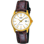Casio női karóra LTP-1183Q-7A, aranytok, fehér számlap, barna bőr, dátum, WR30