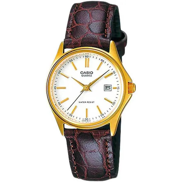 Casio női karóra LTP-1183Q-7A, aranytok, fehér számlap, barna bőr, dátum, WR30