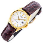 Casio női karóra LTP-1183Q-7A, aranytok, fehér számlap, barna bőr, dátum, WR30