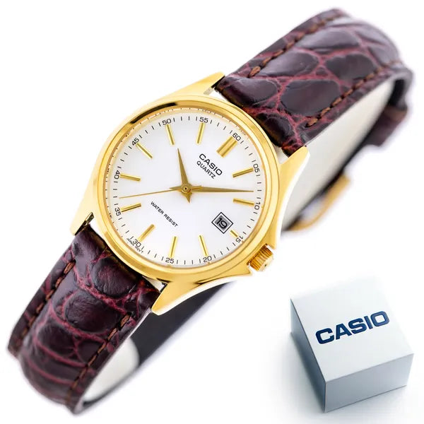 Casio női karóra LTP-1183Q-7A, aranytok, fehér számlap, barna bőr, dátum, WR30
