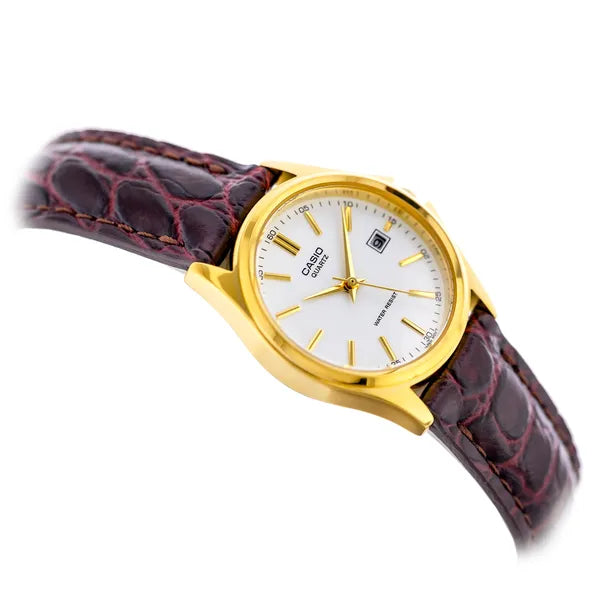 Casio női karóra LTP-1183Q-7A, aranytok, fehér számlap, barna bőr, dátum, WR30
