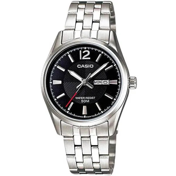 Casio LTP-1335D-1A női karóra, kvarc, acél szíj, fekete számlap, WR50, doboz