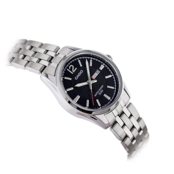 Casio LTP-1335D-1A női karóra, kvarc, acél szíj, fekete számlap, WR50, doboz