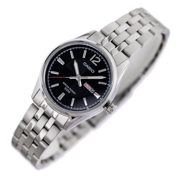 Casio LTP-1335D-1A női karóra, kvarc, acél szíj, fekete számlap, WR50, doboz