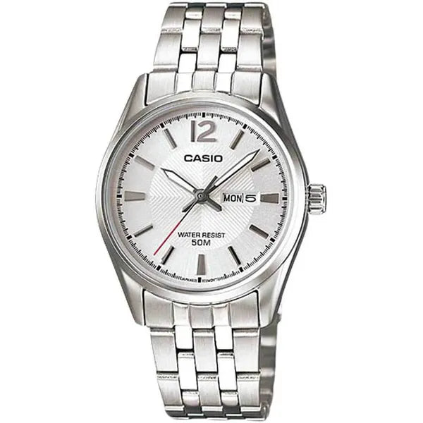 Casio LTP-1335D-7A női karóra, ezüst számlap, acél szíj, WR50, dátum, díszdoboz