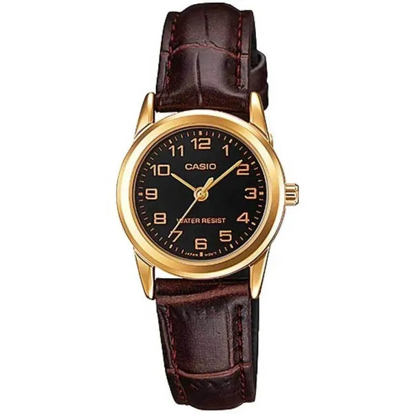 Casio LTP-V001GL-1B női karóra, arany tok, fekete számlap, bőrszíj + doboz