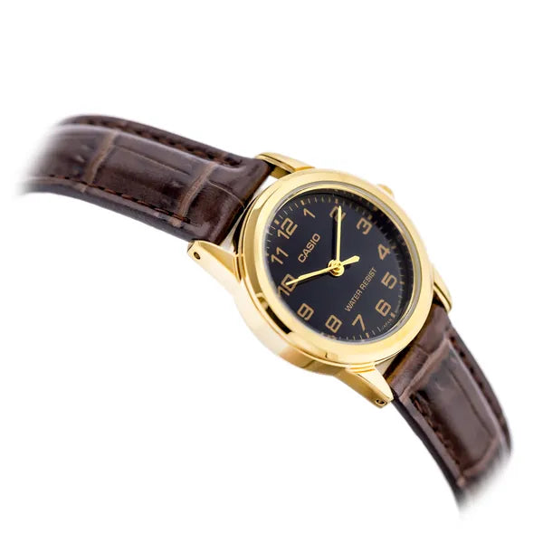 Casio LTP-V001GL-1B női karóra, arany tok, fekete számlap, bőrszíj + doboz