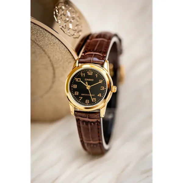 Casio LTP-V001GL-1B női karóra, arany tok, fekete számlap, bőrszíj + doboz
