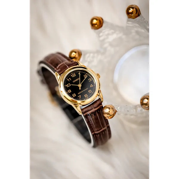 Casio LTP-V001GL-1B női karóra, arany tok, fekete számlap, bőrszíj + doboz
