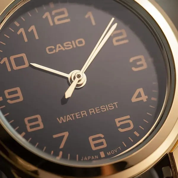Casio LTP-V001GL-1B női karóra, arany tok, fekete számlap, bőrszíj + doboz