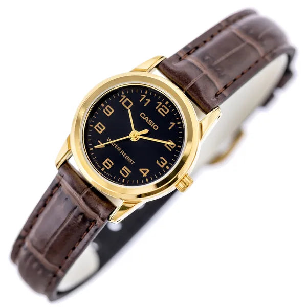 Casio LTP-V001GL-1B női karóra, arany tok, fekete számlap, bőrszíj + doboz