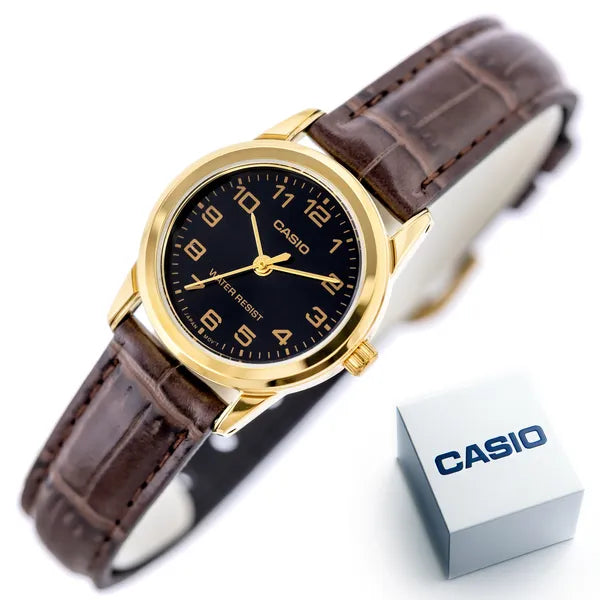 Casio LTP-V001GL-1B női karóra, arany tok, fekete számlap, bőrszíj + doboz