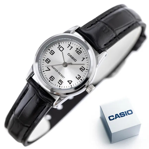 Casio LTP-V001L-7B női karóra, 24 mm, kvarc, fekete bőrszíj, WR30, díszdobozzal