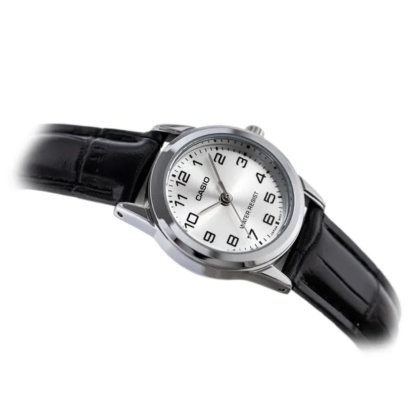 Casio LTP-V001L-7B női karóra, 24 mm, kvarc, fekete bőrszíj, WR30, díszdobozzal
