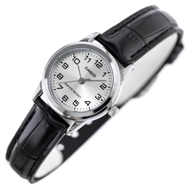 Casio LTP-V001L-7B női karóra, 24 mm, kvarc, fekete bőrszíj, WR30, díszdobozzal