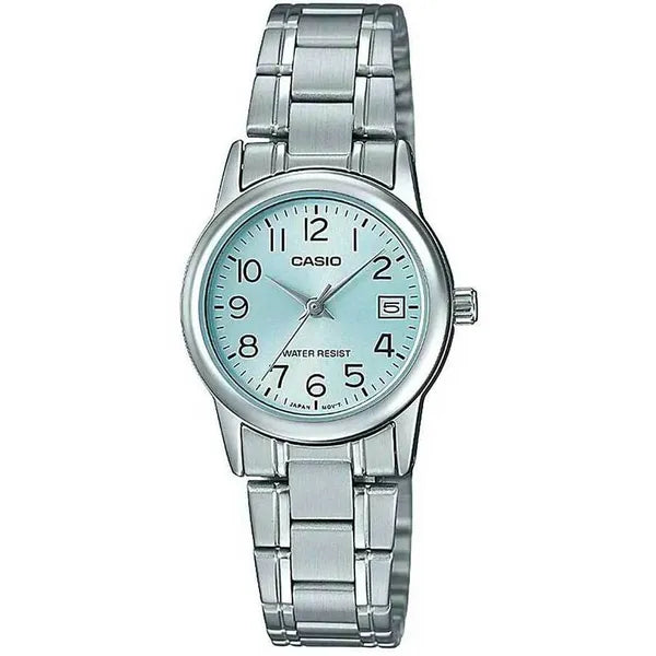 Casio női karóra LTP-V002D-2B, ezüst acél szíj, türkiz számlap, dátum