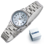 Casio női karóra LTP-V002D-2B, ezüst acél szíj, türkiz számlap, dátum