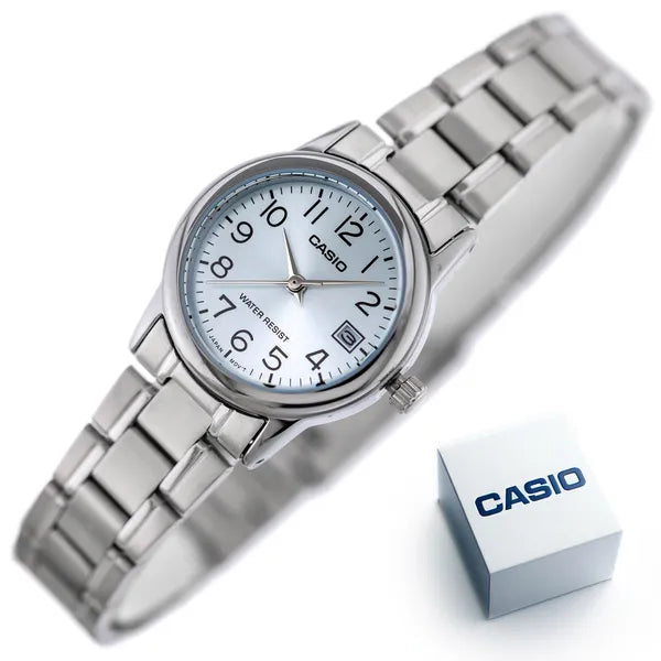 Casio női karóra LTP-V002D-2B, ezüst acél szíj, türkiz számlap, dátum