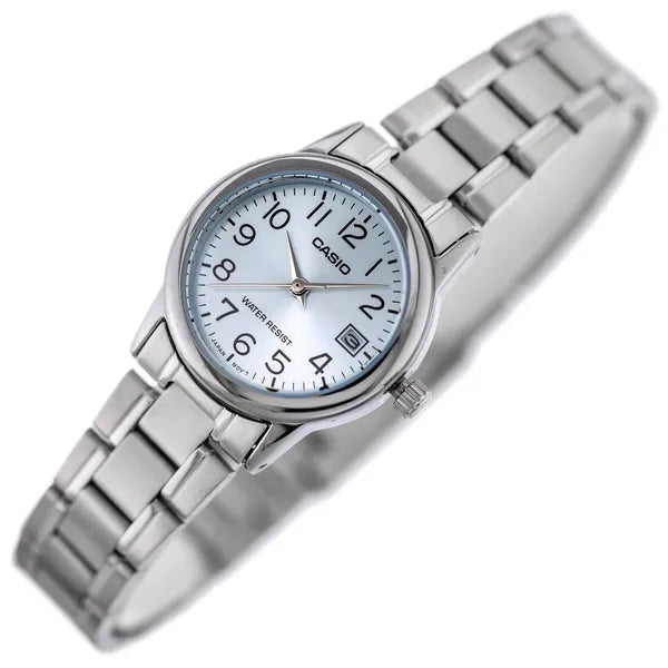 Casio női karóra LTP-V002D-2B, ezüst acél szíj, türkiz számlap, dátum
