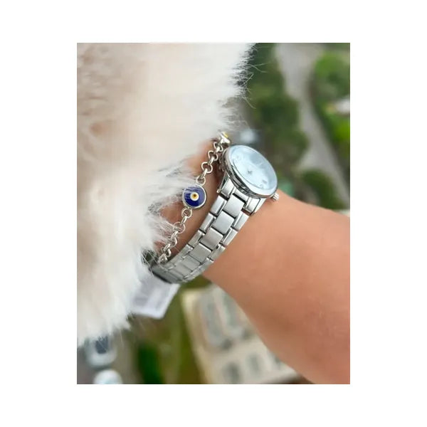 Casio női karóra LTP-V002D-2B, ezüst acél szíj, türkiz számlap, dátum