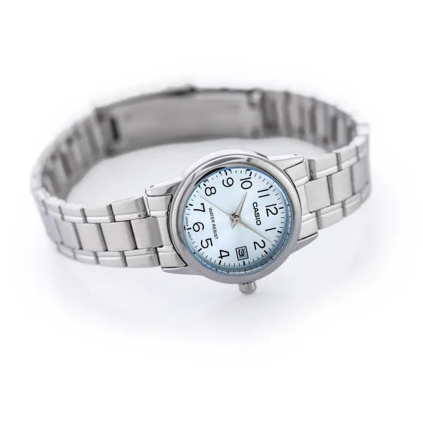 Casio női karóra LTP-V002D-2B, ezüst acél szíj, türkiz számlap, dátum