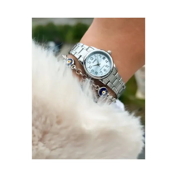 Casio női karóra LTP-V002D-2B, ezüst acél szíj, türkiz számlap, dátum