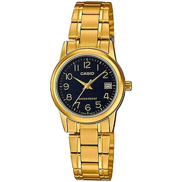 Casio LTP-V002G-1B női karóra, arany acél, fekete számlap, dátum, 25 mm, WR30