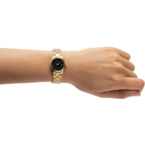 Casio LTP-V002G-1B női karóra, arany acél, fekete számlap, dátum, 25 mm, WR30
