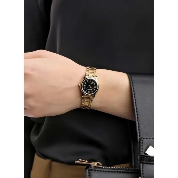 Casio LTP-V002G-1B női karóra, arany acél, fekete számlap, dátum, 25 mm, WR30