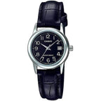 Casio női karóra LTP-V002L-1B, fekete számlap, bőr szíj, WR30, díszdoboz