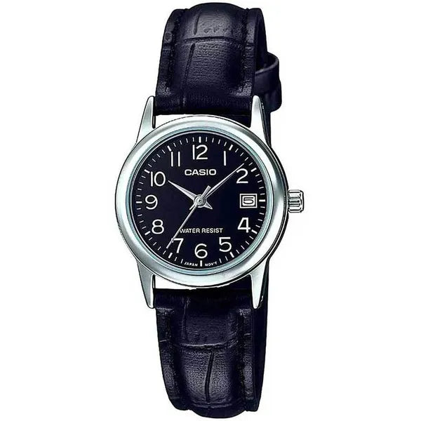 Casio női karóra LTP-V002L-1B, fekete számlap, bőr szíj, WR30, díszdoboz