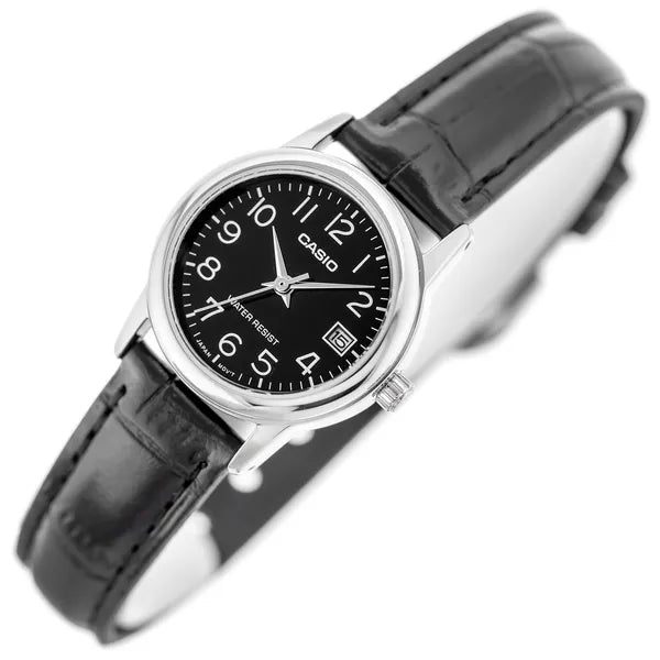 Casio női karóra LTP-V002L-1B, fekete számlap, bőr szíj, WR30, díszdoboz
